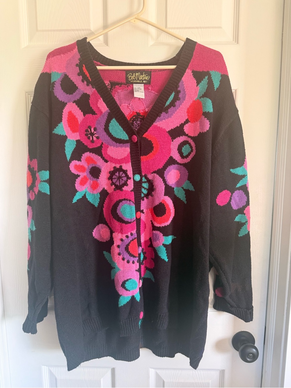 Bob Mackie Black Cardigan with Pink, Teal & Purple Floral Design